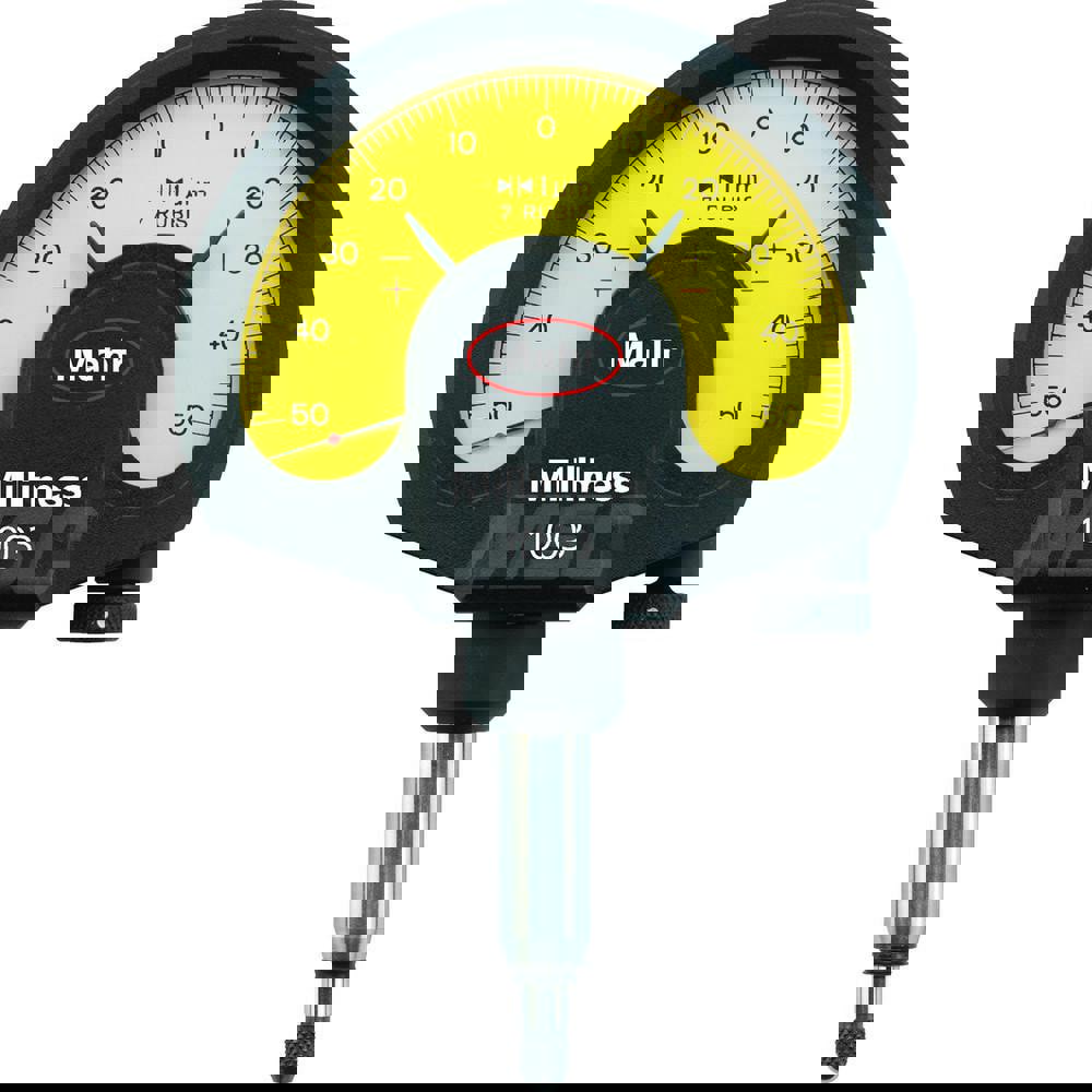 Dial Comparator Gages; Maximum Measurement (micro m): 50.00 ; Dial Graduation (micro m): 1.00 ; Overtravel (mm): 2.80 ; Dial Color: Yellow
