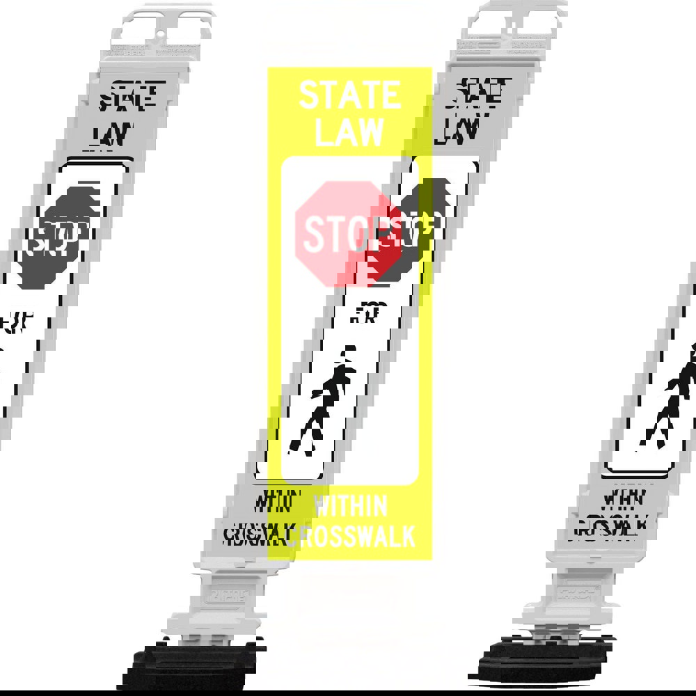 Safety Signs; Family: Traffic & Parking Sign ; Sign Type: Pedestrian Crossing ; Sign Header: STOP ; Legend: STATE LAW STOP FOR PEDESTRIAN WITHIN CROSSWALK ; Message/Graphic: Message & Graphic ; Graphic Type: Stop Sign