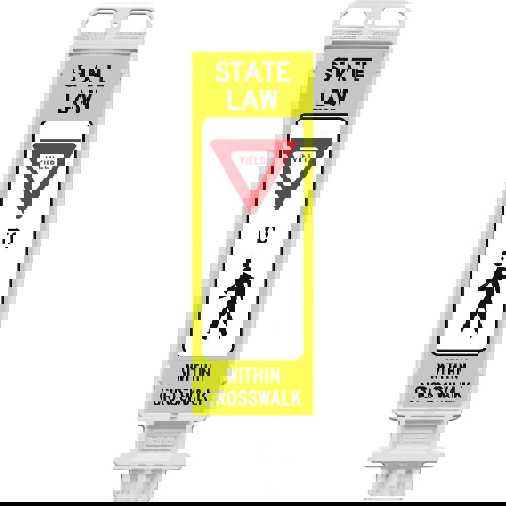 Safety Signs; Family: Traffic & Parking Sign ; Sign Type: Pedestrian Crossing ; Sign Header: Yield ; Legend: STATE LAW YIELD TO PEDESTRIAN WITHIN CROSSWALK ; Message/Graphic: Message & Graphic ; Graphic Type: Yield Symbol