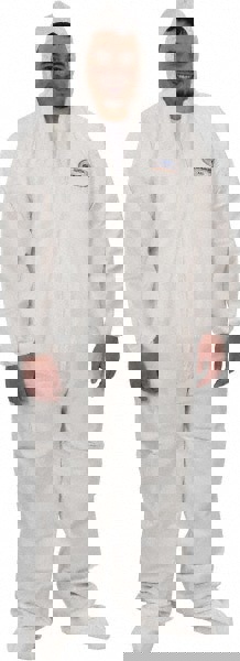 Non-Disposable Rain & Chemical-Resistant Coverall: Non-Hazardous Dry Particulates, Non-Hazardous Liquid Splash & Non-Hazardous Liquid Spray, White, Film Laminate