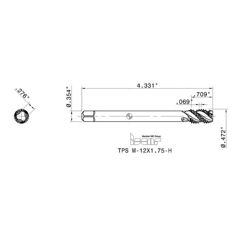 Spiral Flute Tap: M12 x 1.75, Metric Coarse, 3 Flute, 6H Class of Fit, High Speed Steel, Black Oxide Finish
