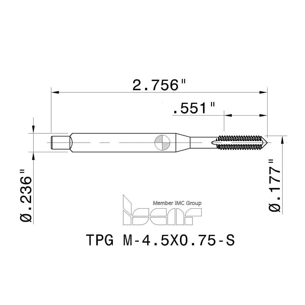 M4.5x0.75 Plug RH 6HX High Speed Steel 3-Flute Straight Flute Machine Tap