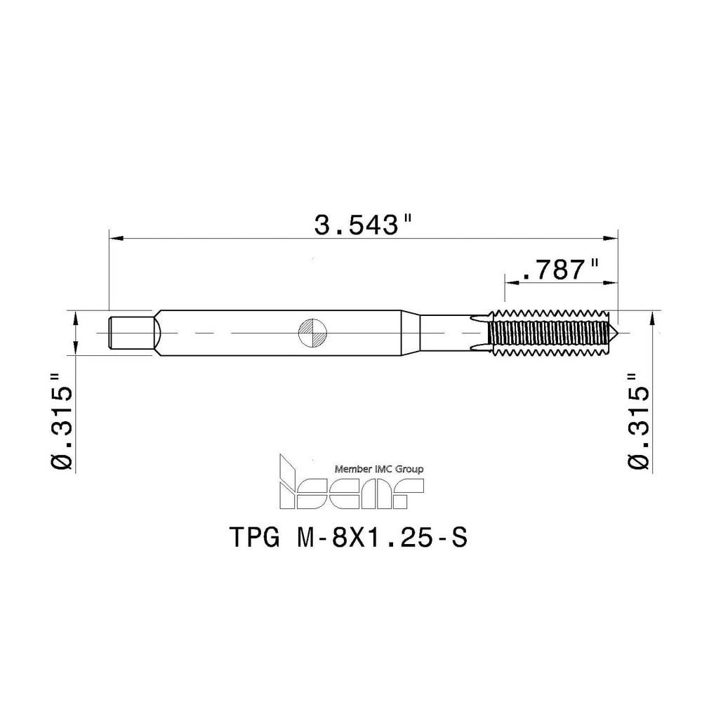 M8x1.25 Plug RH 6HX High Speed Steel 3-Flute Straight Flute Machine Tap