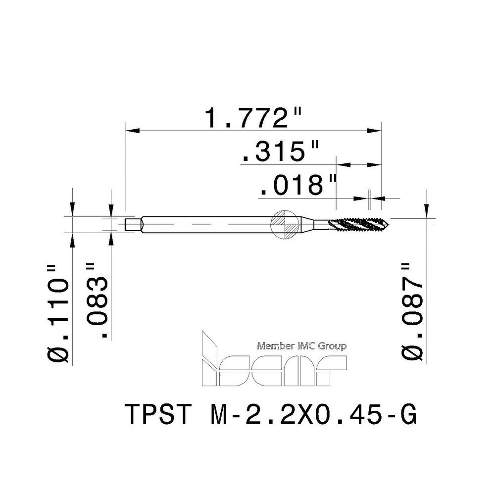 M2.2x0.45 Modified Bottoming RH 6HX High Speed Steel 3-Flute Straight Flute Machine Tap
