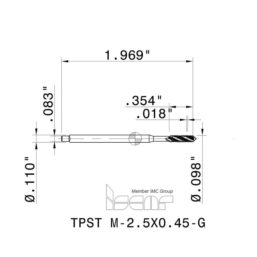 M2.5x0.45 Modified Bottoming RH 6HX High Speed Steel 3-Flute Straight Flute Machine Tap