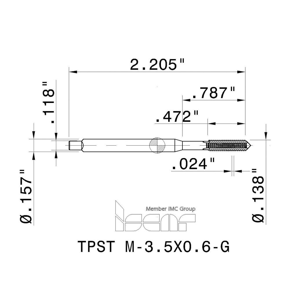 M3.5x0.60 Modified Bottoming RH 6HX High Speed Steel 3-Flute Straight Flute Machine Tap