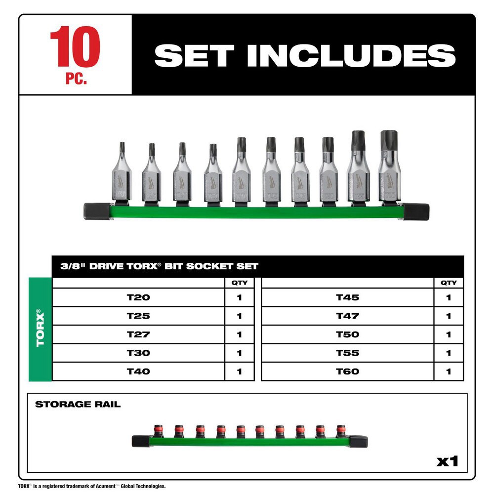 Hex & Torx Bit Socket Sets; Set Type: Torx Bit ; Minimum Set Torx Size: T20 ; Finish: Chrome ; Maximum Set Torx Size: T60 ; Measurement Type: Torx. ; Drive Size: 3/8