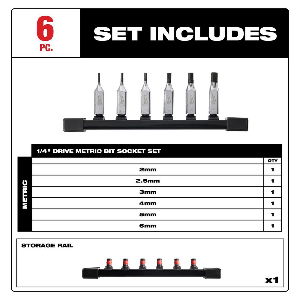 Hex & Torx Bit Socket Sets; Set Type: Hex Bit ; Drive Size: 1/4 ; Minimum Set Hex Size (Metric): 2.0 ; Finish: Chrome ; Maximum Set Hex Size (Metric): 6 ; Measurement Type: Hex