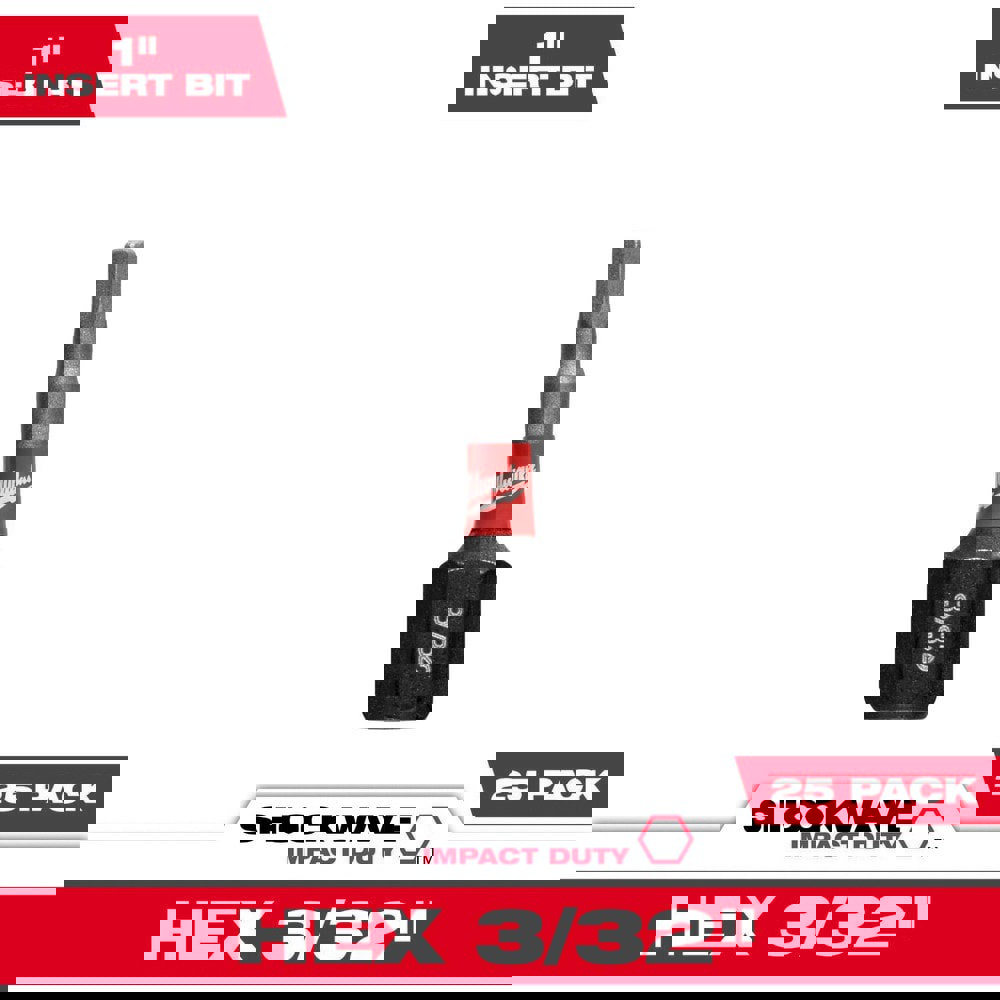 Hex Screwdriver Bits; Ball End: No ; Measurement Type: SAE ; Drive Size (Inch): 1/4 ; Hex Size (Inch): 3/32 ; Overall Length (Inch): 1 ; UNSPSC Code: 27112814