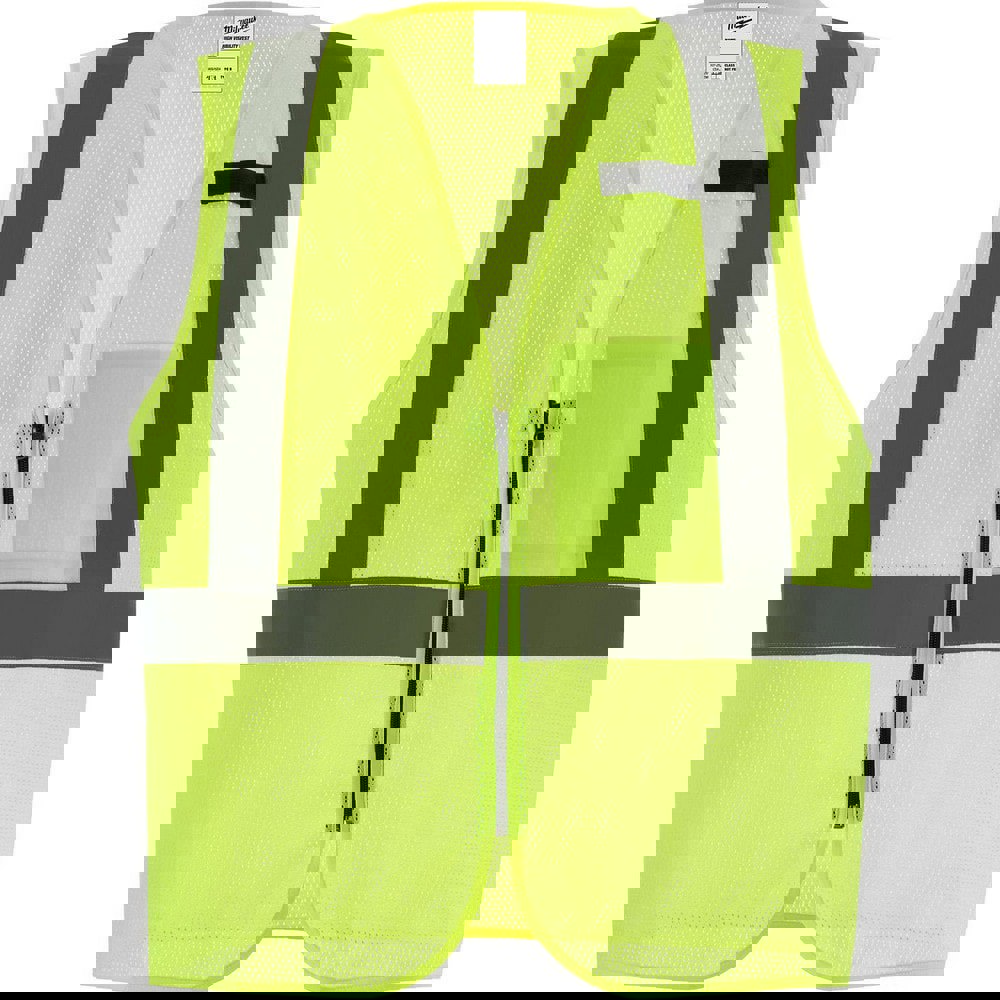 High Visibility Vests; Size: 4X-Large; 5X-Large ; Closure Type: Zipper ; Number of Pockets: 1.000 ; Chest Size (Inch): 50-54 ; Material Composition: Mesh ; Number of Horizontal Stripes: 1.000