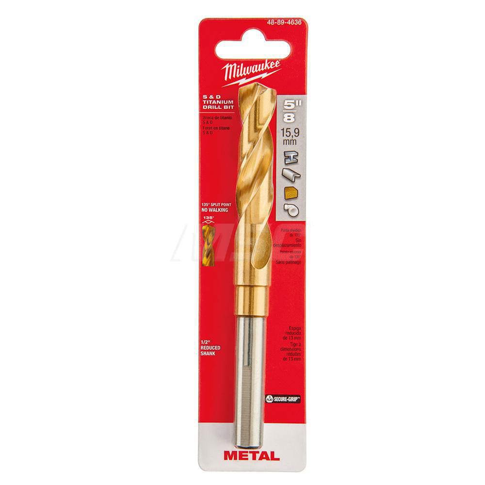 Reduced Shank Drill Bit: 5/8'' Dia, 1/2'' Shank Dia, 135 , High Speed Steel