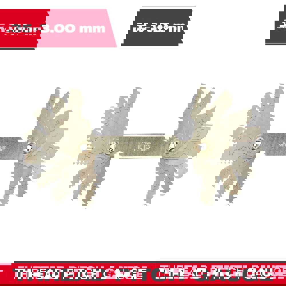 Screw Pitch Gages; Measurement Type: Metric ; Pitch Range (mm): 0.35-3.00 ; Thread Angle (Degrees): 60.00 ; Number of Leaves: 16 ; For Thread Location: External; Internal ; Material: Steel