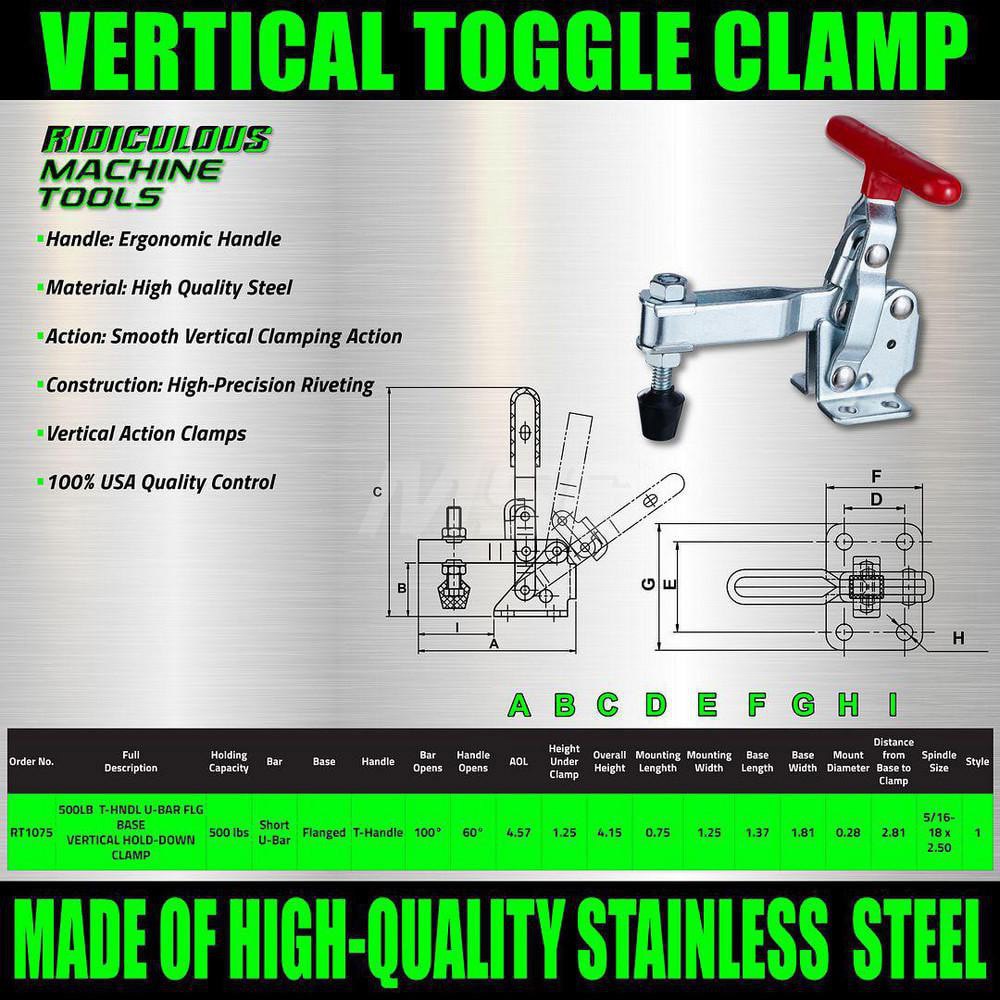 Manual Hold-Down Toggle Clamp: Vertical, 500 lb Capacity, U-Bar, Flanged Base