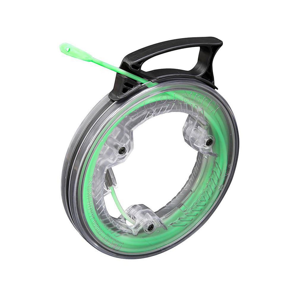 Fish Tape; Tape Type: Non-Conductive ; Material: Fiberglass ; Winder Case: Yes ; Tape Thickness: 0.153in ; Case Diameter: 7.5in ; Features: Glow-in-the-Dark Tape and Tip, Clear Case, Removable Tape, Equipped with Fish Rod Attachment Connector