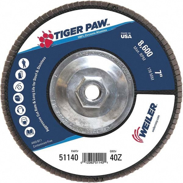 Flap Disc: 5/8-11 Hole, 40 Grit, Zirconia Alumina, Type 27