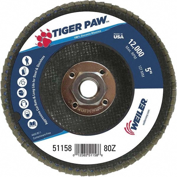 Flap Disc: 5/8-11 Hole, 80 Grit, Zirconia Alumina, Type 29
