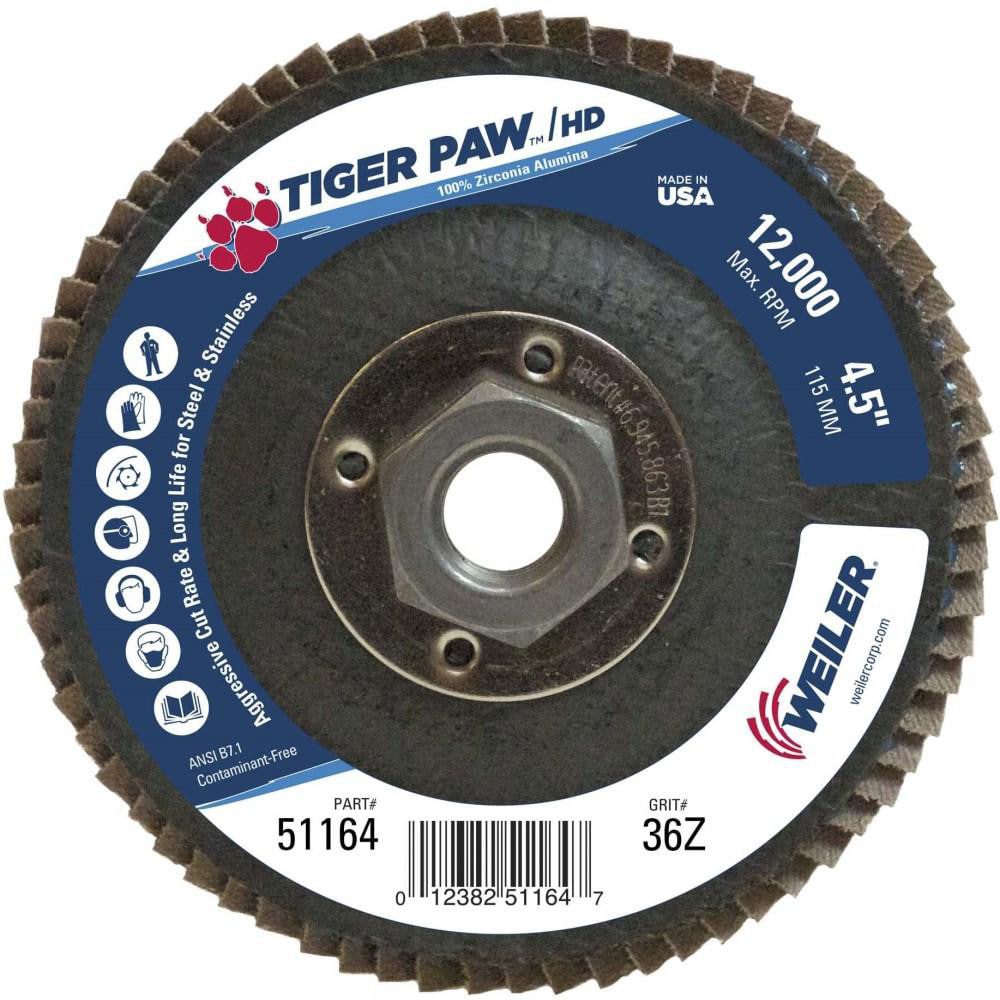 Flap Disc: 5/8-11 Hole, 36 Grit, Zirconia Alumina, Type 27