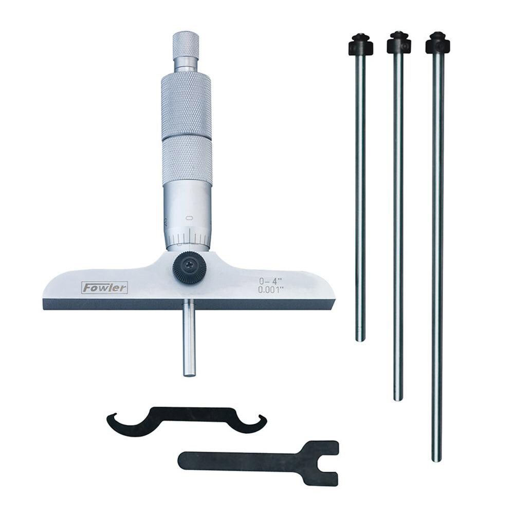 Mechanical Depth Micrometer: 4'' Range, 4 Rods, Satin Chrome Finish