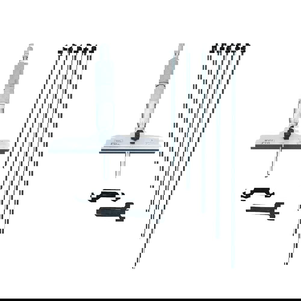Mechanical Depth Micrometer: 6'' Range, 6 Rods, Satin Chrome Finish