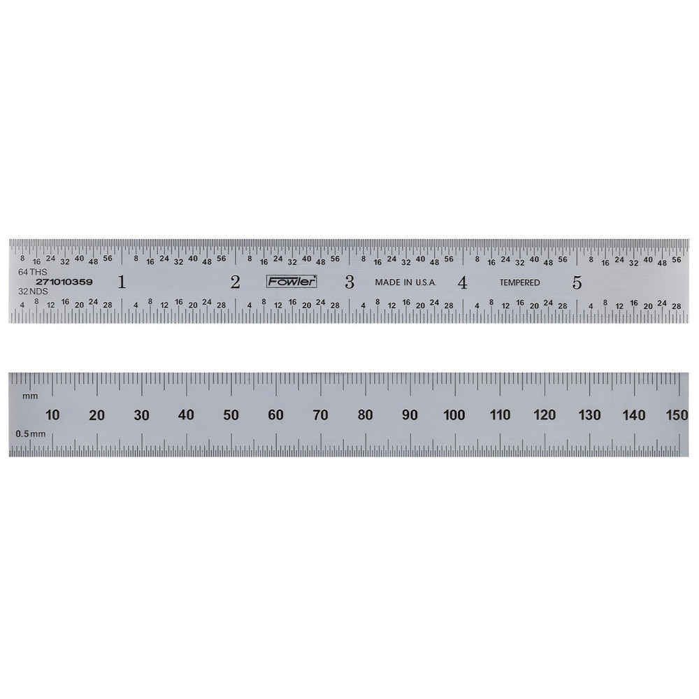 Steel Rules; Material: Steel ; Length (Inch): 12 ; Graduation: 0.50; 1.00 (mm); Graduation (Inch): 1/32; 1/64 ; Tip Style: Flat ; Color: Silver