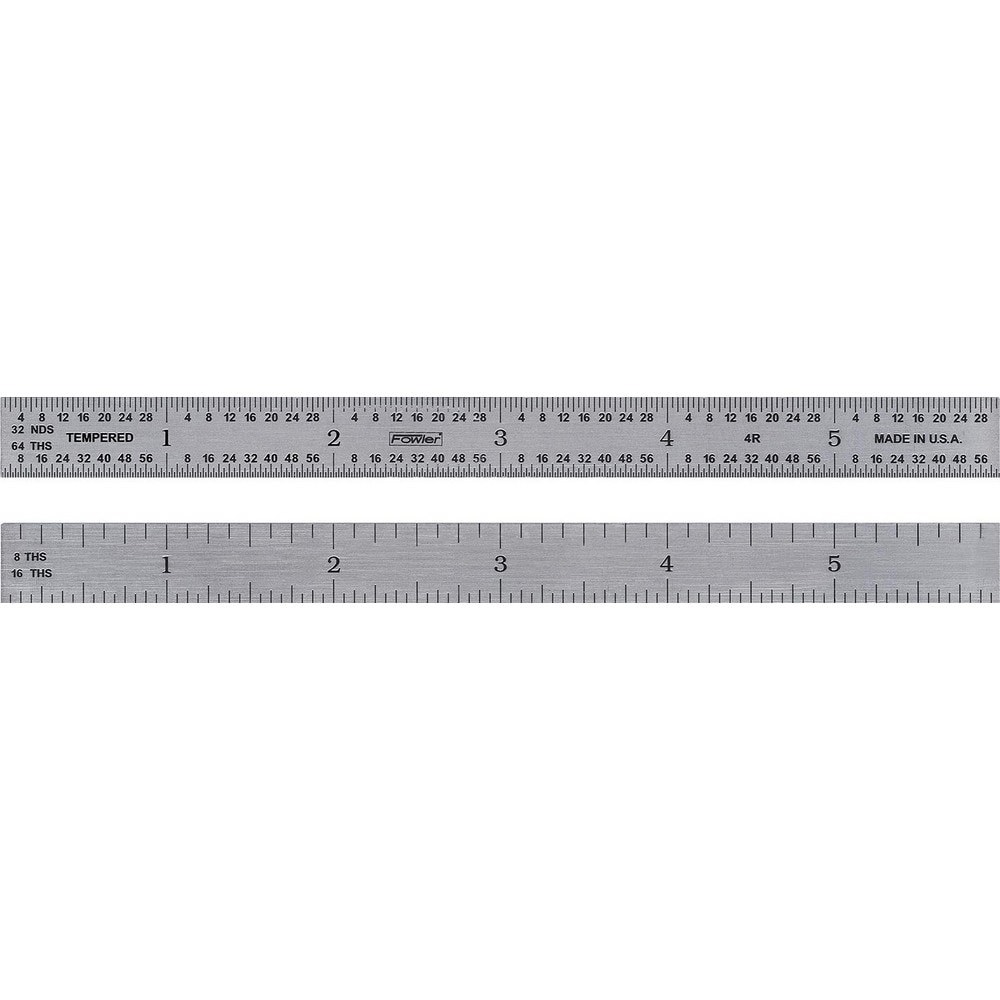 Steel Rules; Material: Steel ; Length (Inch): 6 ; Graduation (Inch): 1/64; 1/32; 1/16; 1/8 ; Tip Style: Flat ; Color: Silver ; Flexibility: Flexible