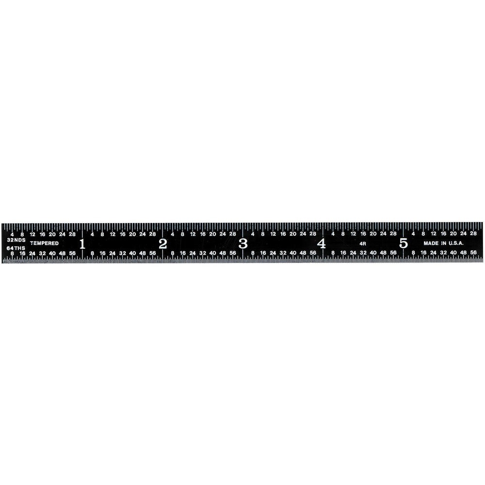 Steel Rules; Material: Steel ; Length (Inch): 6 ; Graduation (Inch): 1/64; 1/32; 1/16; 1/8 ; Tip Style: Flat ; Color: Black ; Flexibility: Flexible
