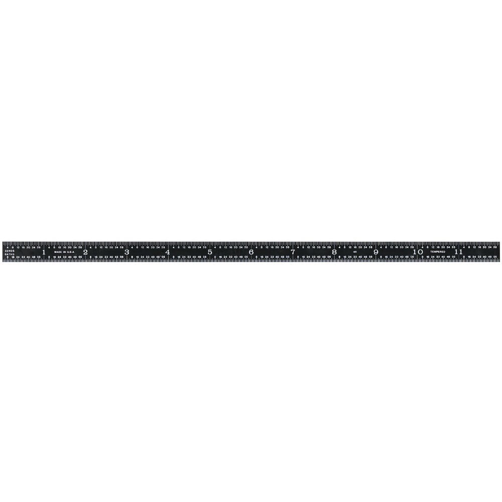 Steel Rules; Material: Steel ; Length (Inch): 12 ; Graduation (Inch): 1/64; 1/32; 1/16; 1/8 ; Tip Style: Flat ; Color: Black ; Flexibility: Flexible