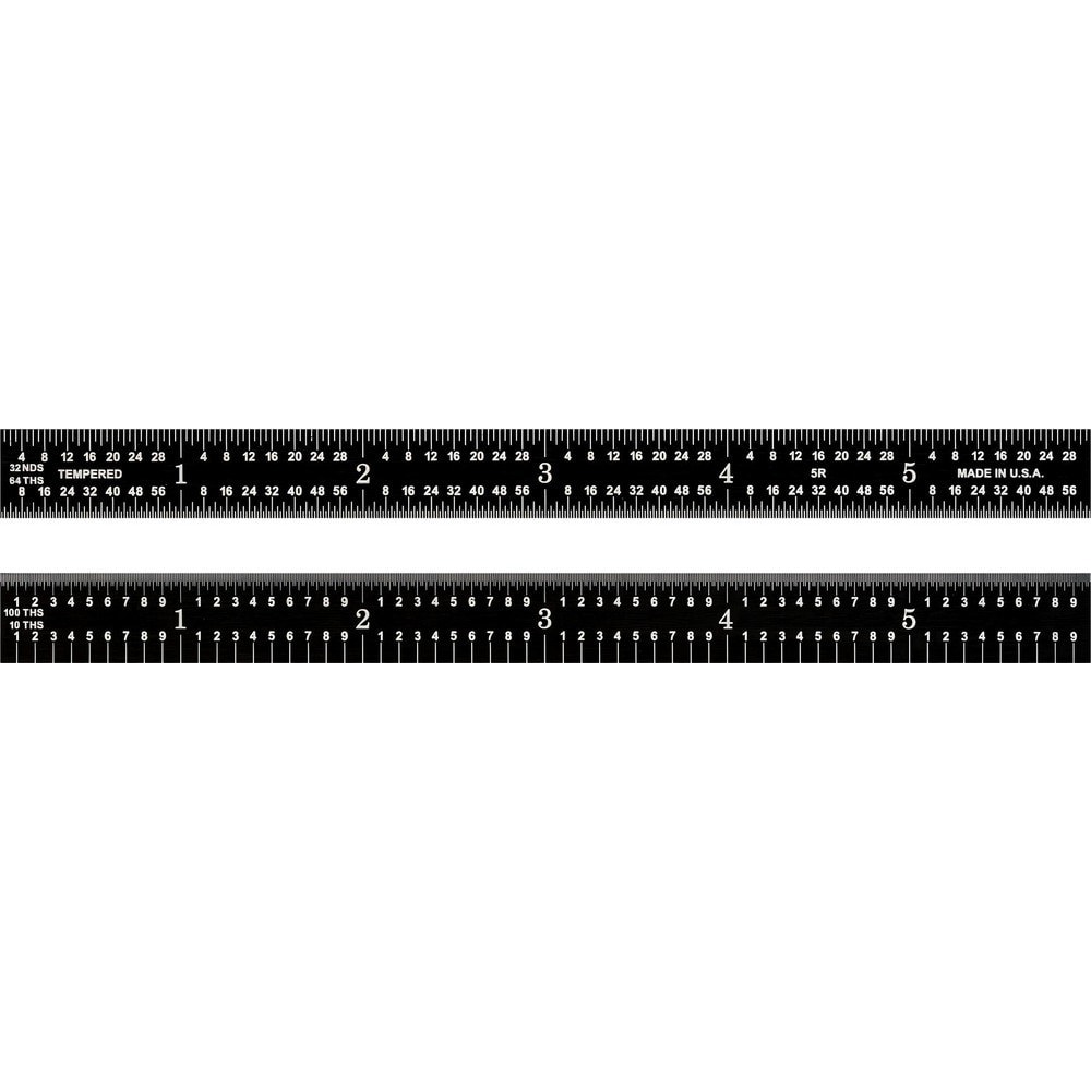 Steel Rules; Material: Steel ; Length (Inch): 18 ; Graduation (Inch): 1/1001/641/321/10 ; Tip Style: Flat ; Color: Black ; Flexibility: Flexible