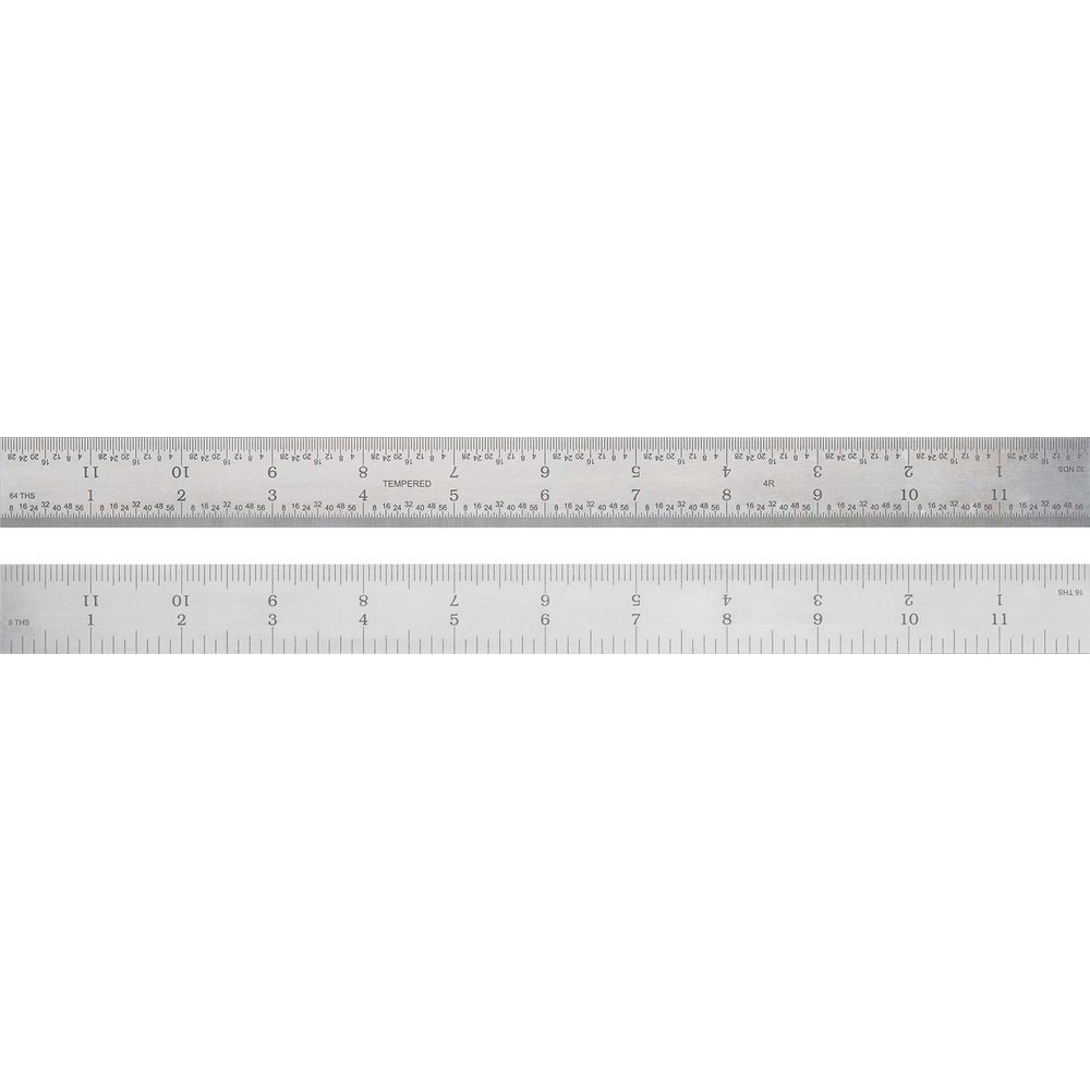 Steel Rules; Material: Steel ; Length (Inch): 18 ; Graduation (Inch): 1/64; 1/32; 1/16; 1/8 ; Tip Style: Flat ; Color: Silver ; Flexibility: Rigid