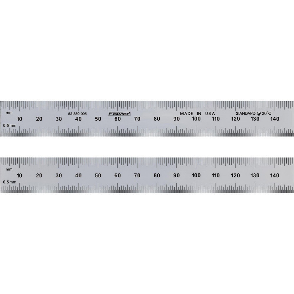 Steel Rules; Material: Steel ; Graduation: 0.50; 1.00 (mm); Tip Style: Flat ; Color: Silver ; Scale Orientation: Horizontal ; Features: Made in the U.S.A.; Made of hardened and tempered steel; Meets Federal accuracy specifications
