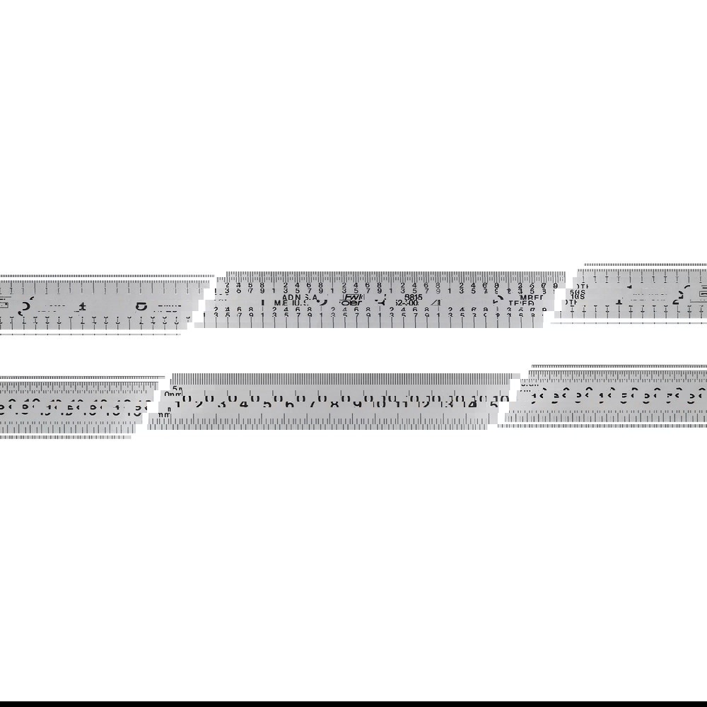 Steel Rules; Material: Steel ; Graduation: 0.50; 1.00 (mm); Graduation (Inch): 1/10; 1/50 ; Tip Style: Flat ; Color: Silver ; Flexibility: Flexible