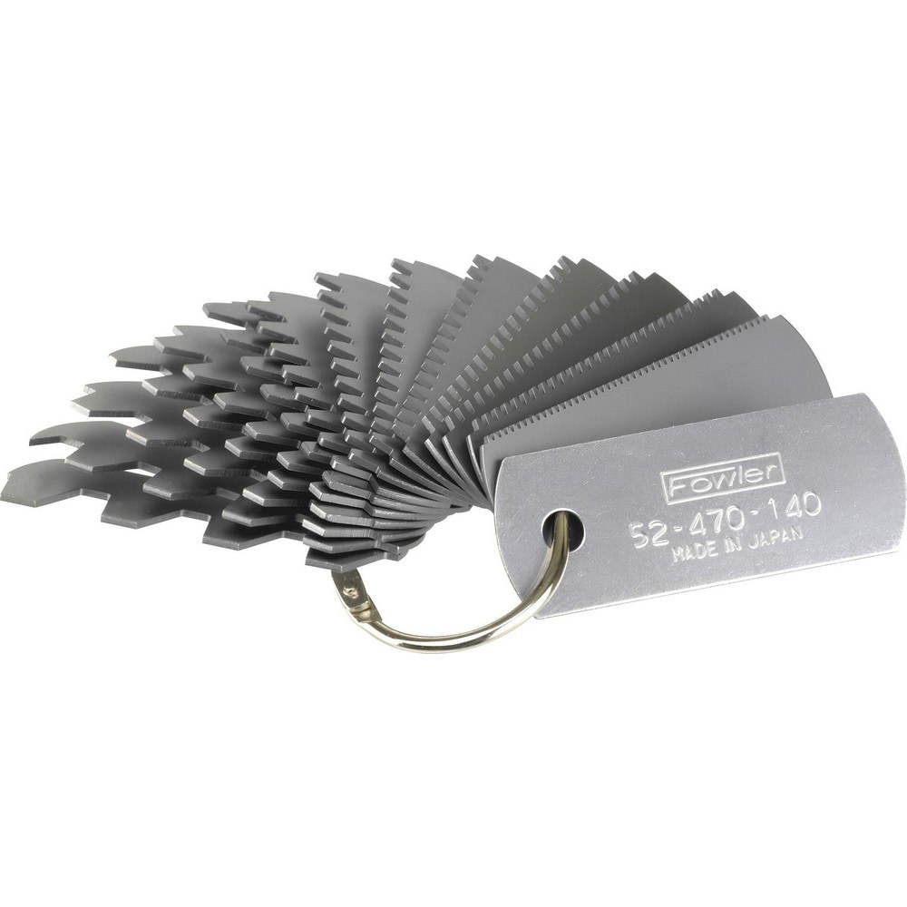 Gear Tooth Gages; Pitch Range (mm): 6-80 ; Compatible Gear Type: Involute Gears ; Number Of Leaves: 14 ; Pressure Angle: 14.50 ; Material: Stainless Steel ; UNSPSC Code: 41111600