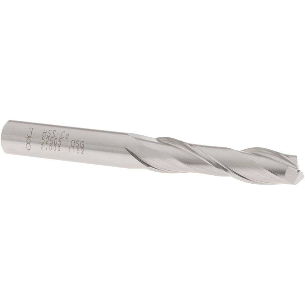Square End Mill: 3/8'' Dia, 1-1/2'' LOC, 3/8'' Shank Dia, 3-1/4'' OAL, 2 Flutes, Cobalt
