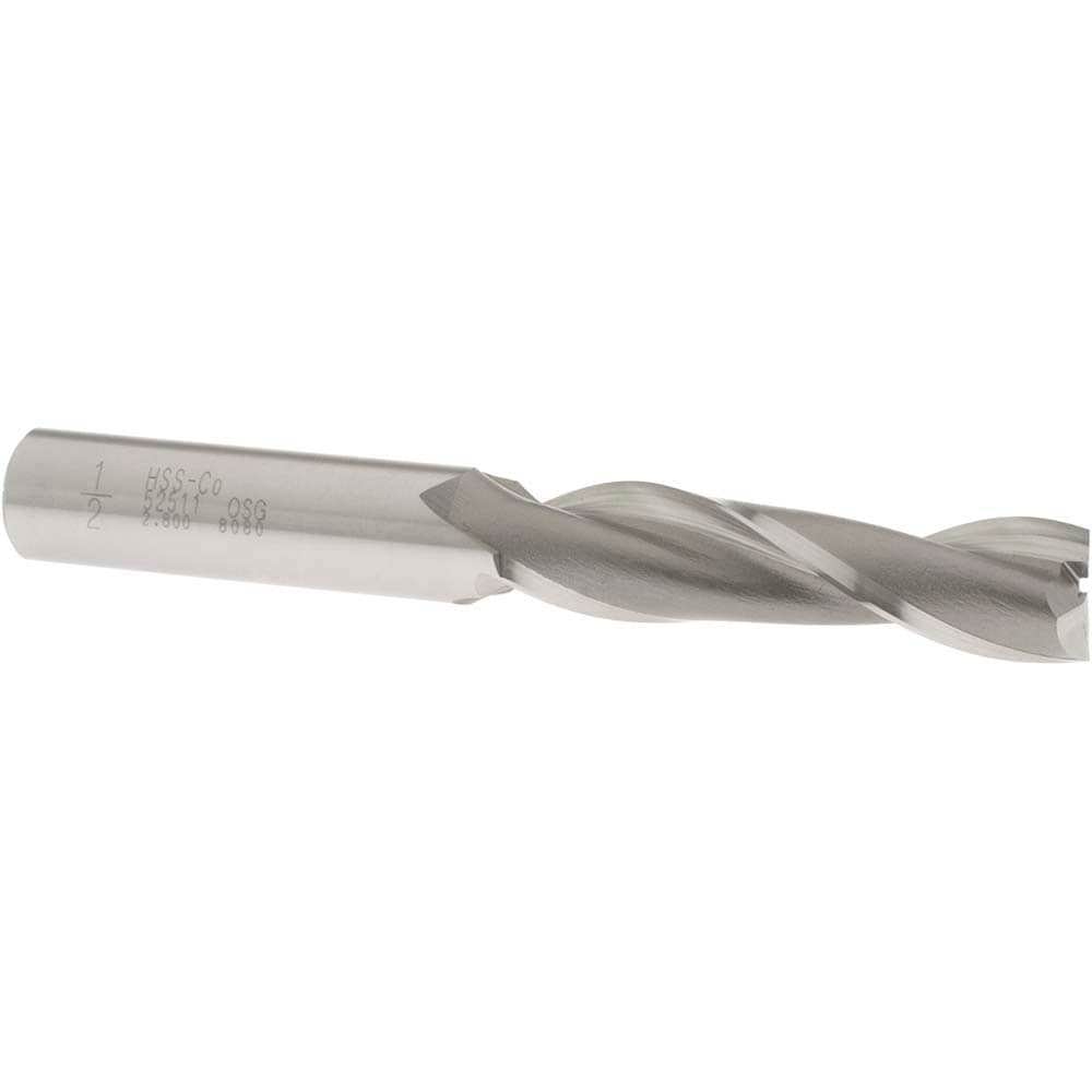 Square End Mill: 1/2'' Dia, 2'' LOC, 1/2'' Shank Dia, 4'' OAL, 2 Flutes, Cobalt