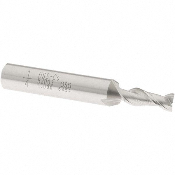 Square End Mill: 1/4'' Dia, 5/8'' LOC, 3/8'' Shank Dia, 2-7/16'' OAL, 2 Flutes, Cobalt