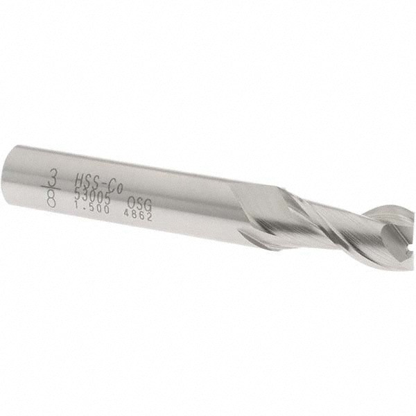 Square End Mill: 3/8'' Dia, 3/4'' LOC, 3/8'' Shank Dia, 2-1/2'' OAL, 2 Flutes, Cobalt