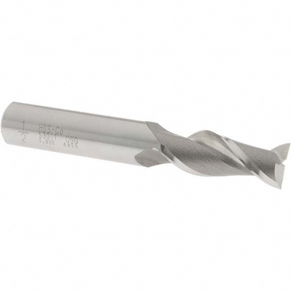 Square End Mill: 1/2'' Dia, 1-1/4'' LOC, 1/2'' Shank Dia, 3-1/4'' OAL, 2 Flutes, Cobalt
