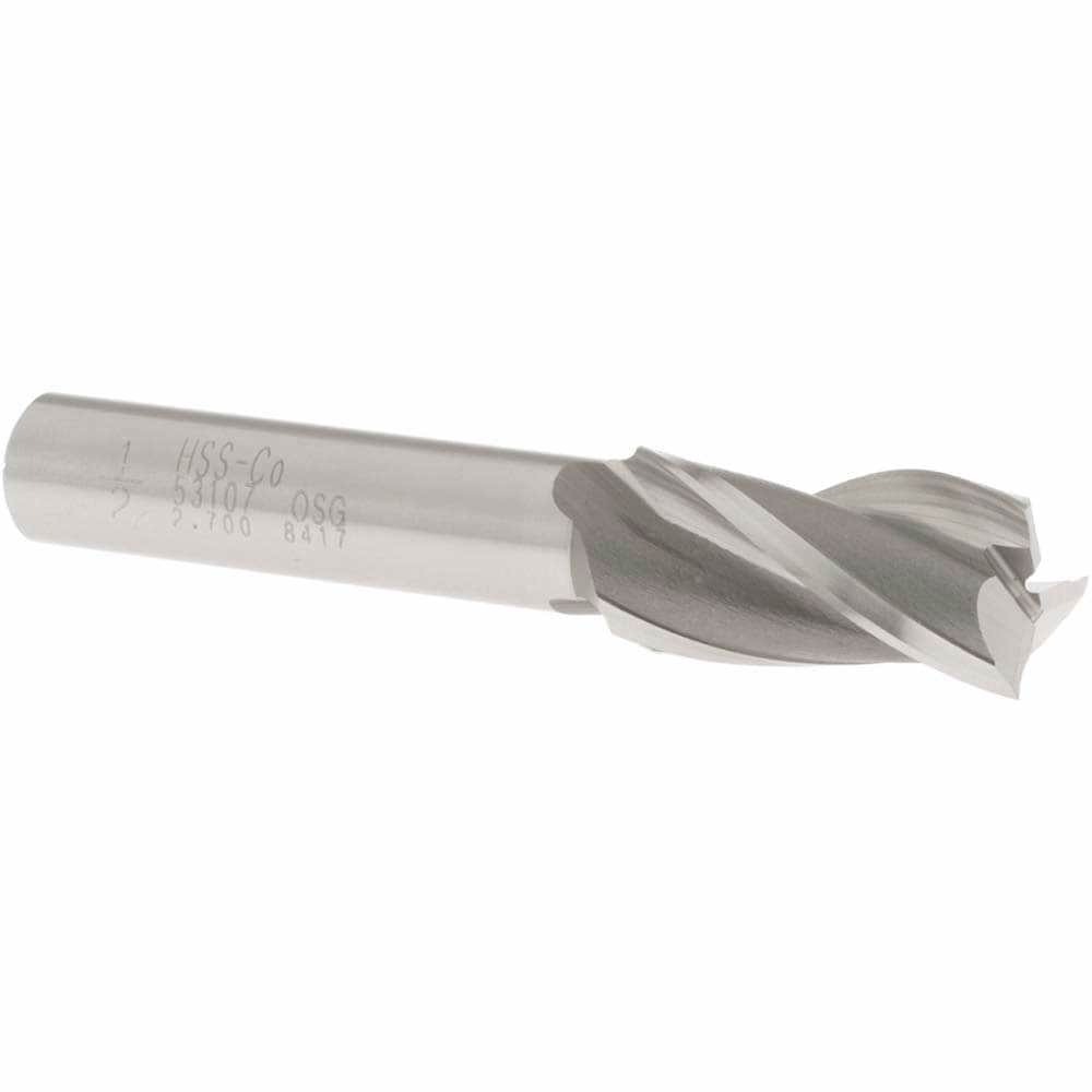 Square End Mill: 1/2'' Dia, 1'' LOC, 3/8'' Shank Dia, 2-11/16'' OAL, 3 Flutes, Cobalt