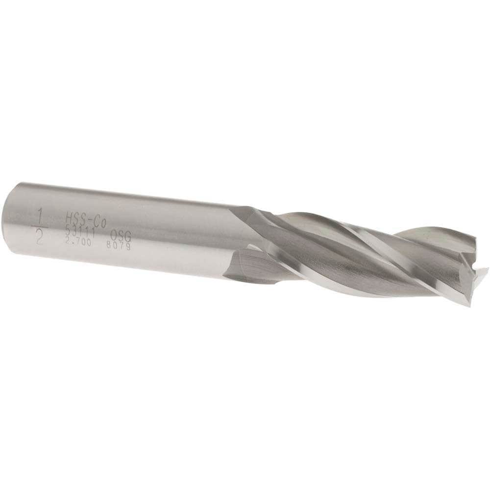 Square End Mill: 1/2'' Dia, 1-1/4'' LOC, 1/2'' Shank Dia, 3-1/4'' OAL, 3 Flutes, Cobalt