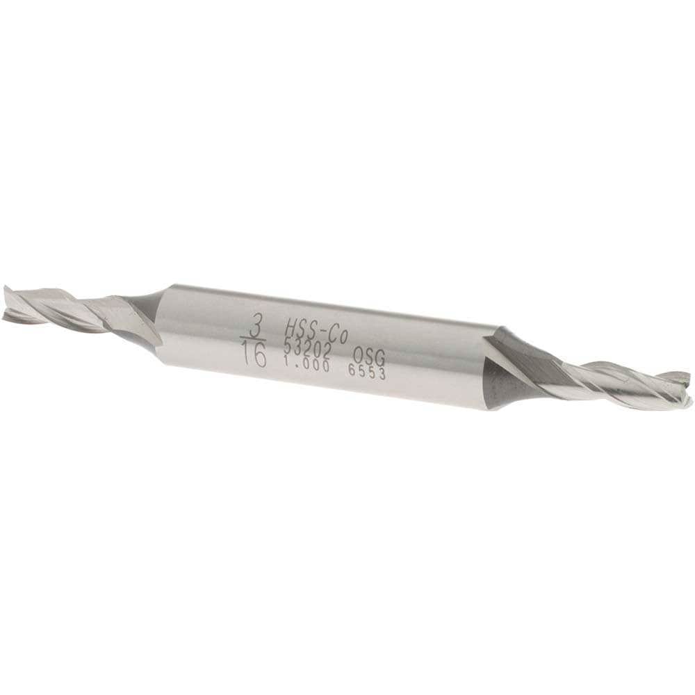 Square End Mill: 3/16'' Dia, 1/2'' LOC, 3/8'' Shank Dia, 3-1/4'' OAL, 3 Flutes, Cobalt