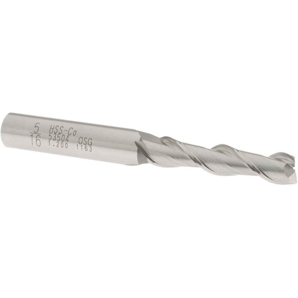 Square End Mill: 5/16'' Dia, 1-3/8'' LOC, 3/8'' Shank Dia, 3-1/8'' OAL, 2 Flutes, Cobalt