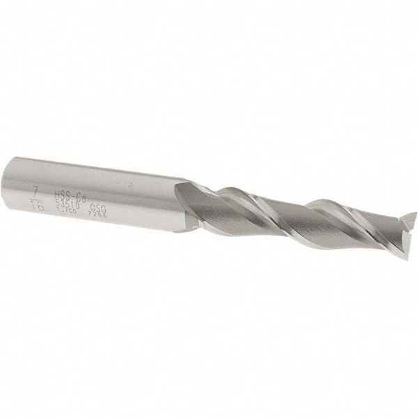 Square End Mill: 7/16'' Dia, 1-3/4'' LOC, 1/2'' Shank Dia, 3-3/4'' OAL, 2 Flutes, Cobalt