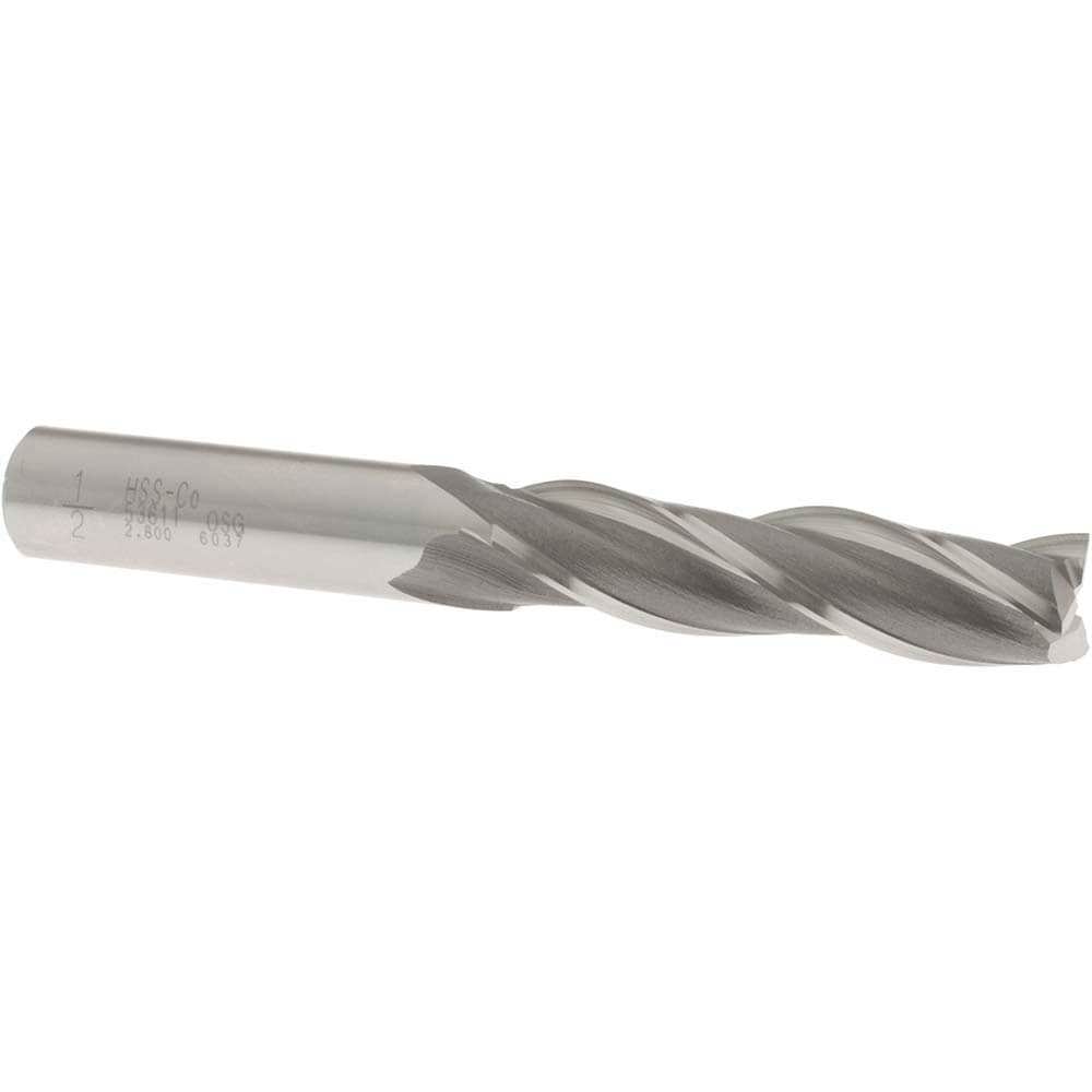 Square End Mill: 1/2'' Dia, 2'' LOC, 1/2'' Shank Dia, 4'' OAL, 3 Flutes, Cobalt