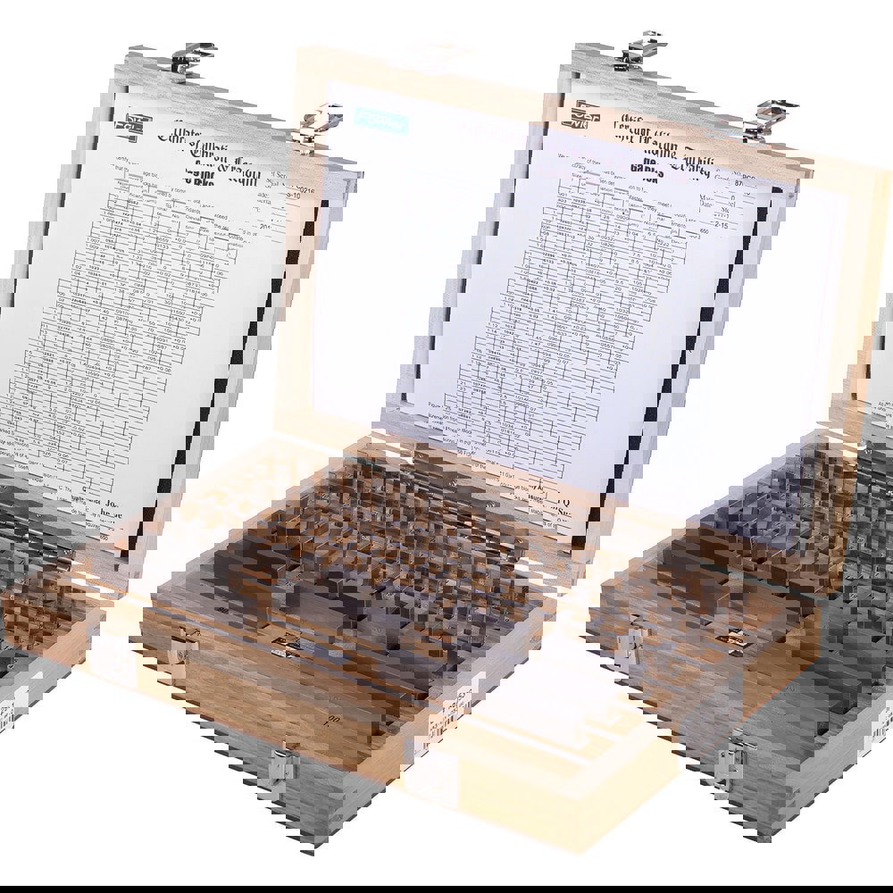 Gage Block & Spacer Sets; Accuracy Grade: 0 ; Material: Steel ; Number Of Pieces: 87 ; Includes: (2) 0.5-1.00mm; (9) 1.001-1.009mm; (50) 1.01-1.50mm; (17) 2-10mm; (9) 20-100mm; Fitted Wood Case ; UNSPSC Code: 41111618