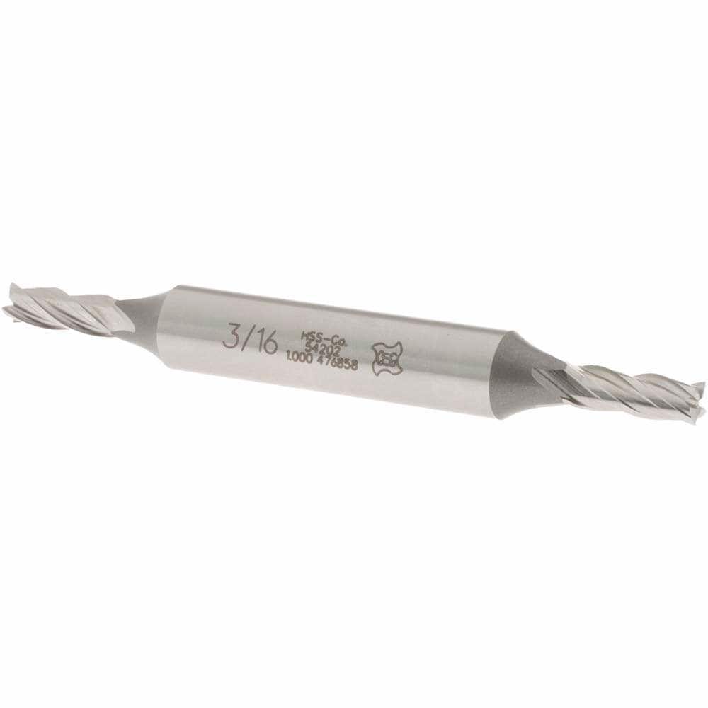Square End Mill: 3/16'' Dia, 1/2'' LOC, 3/8'' Shank Dia, 3-1/4'' OAL, 4 Flutes, Cobalt