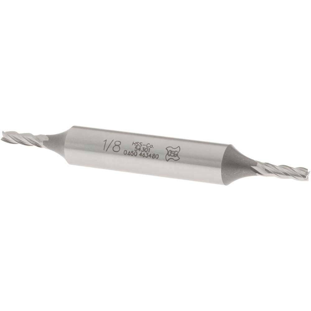 Square End Mill: 1/8'' Dia, 3/8'' LOC, 3/8'' Shank Dia, 3-1/16'' OAL, 4 Flutes, Cobalt