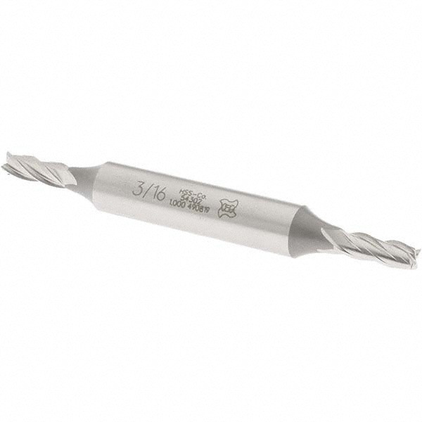 Square End Mill: 3/16'' Dia, 1/2'' LOC, 3/8'' Shank Dia, 3-1/4'' OAL, 4 Flutes, Cobalt