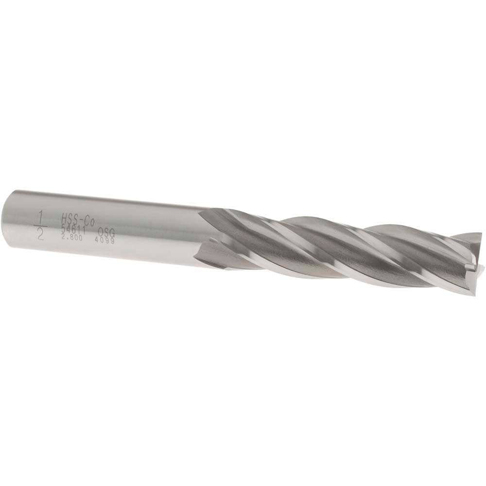 Square End Mill: 1/2'' Dia, 2'' LOC, 1/2'' Shank Dia, 4'' OAL, 4 Flutes, Cobalt
