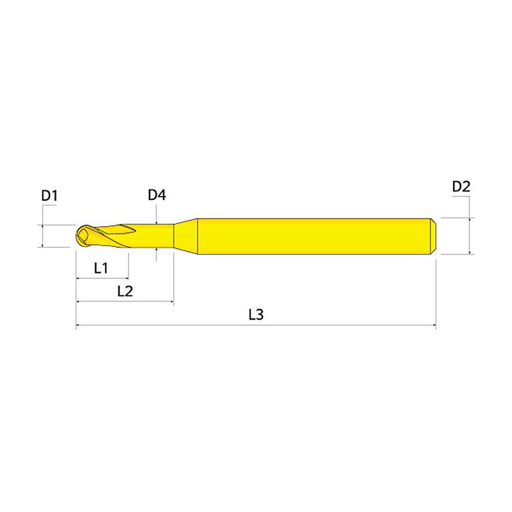 Ball End Mill: 0.50 mm Dia, 0.40 mm LOC, 2 Flute, Solid Carbide