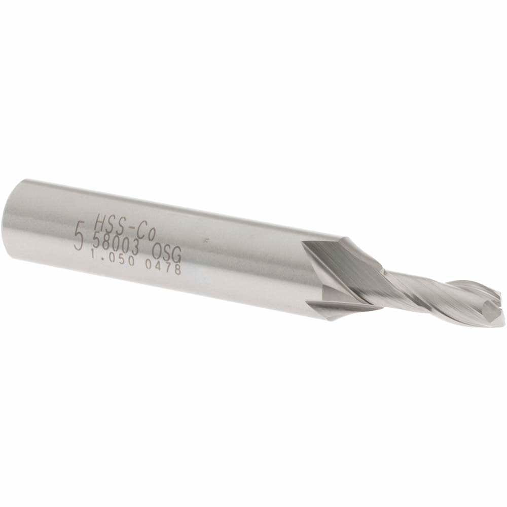 Square End Mill: 0.1969'' Dia, 1/2'' LOC, 3/8'' Shank Dia, 2-5/16'' OAL, 2 Flutes, Cobalt